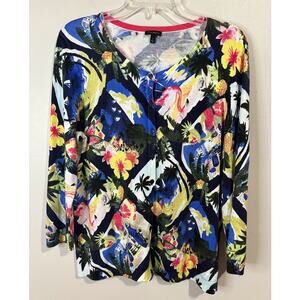 Talbots Cotton Blend Tropical Print 3/4 Sleeve Cardigan Size Large‎
